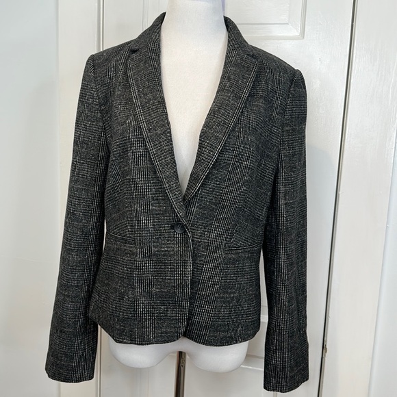 ANN TAYLOR SINGLE BREASTED ONE BUTTON WOOL GREY PLAID BLAZER SZ 10 - Picture 1 of 4